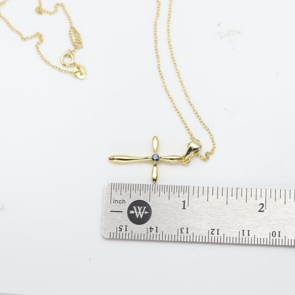 Silver Cross Natural Blue Sapphire Cross Pendant plated with 14k gold - Picture 4 of 7